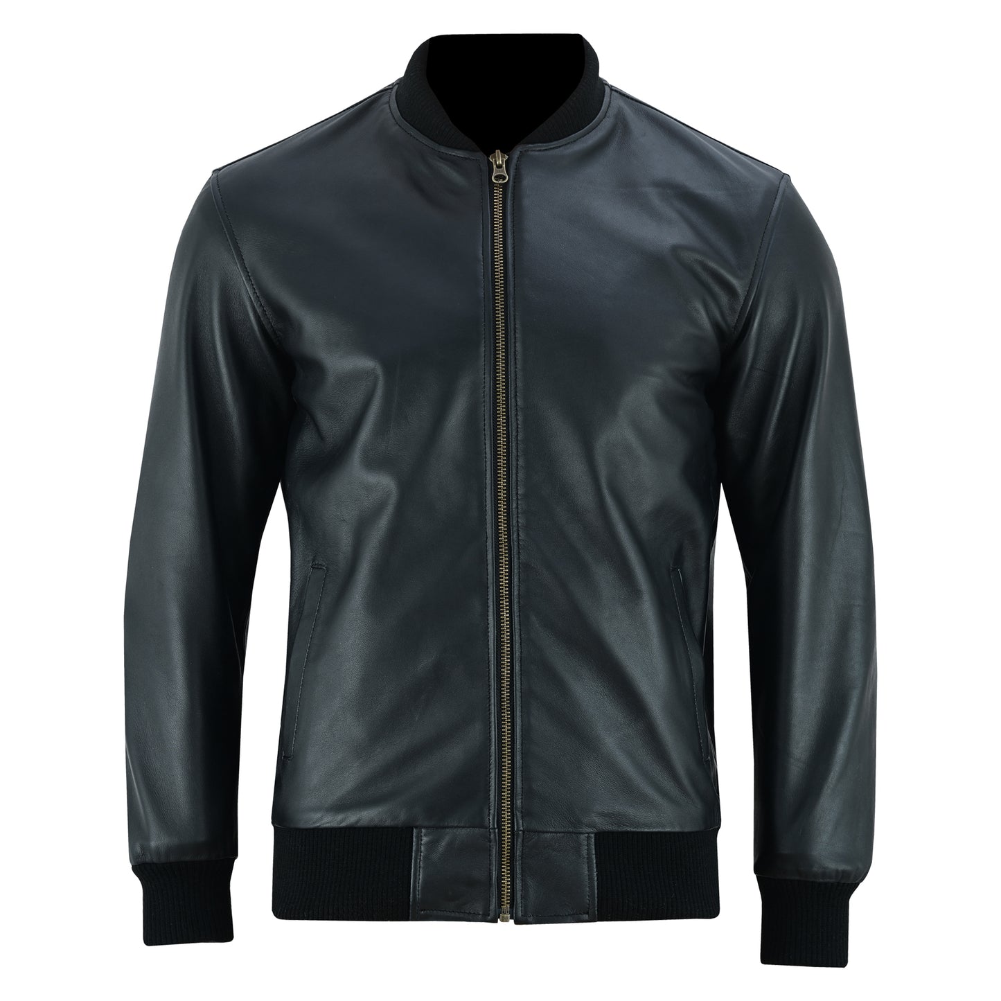 Men’s Lambskin Leather Jacket Collar Zip Up Rib Knit Casual Wear Fashion Jacket