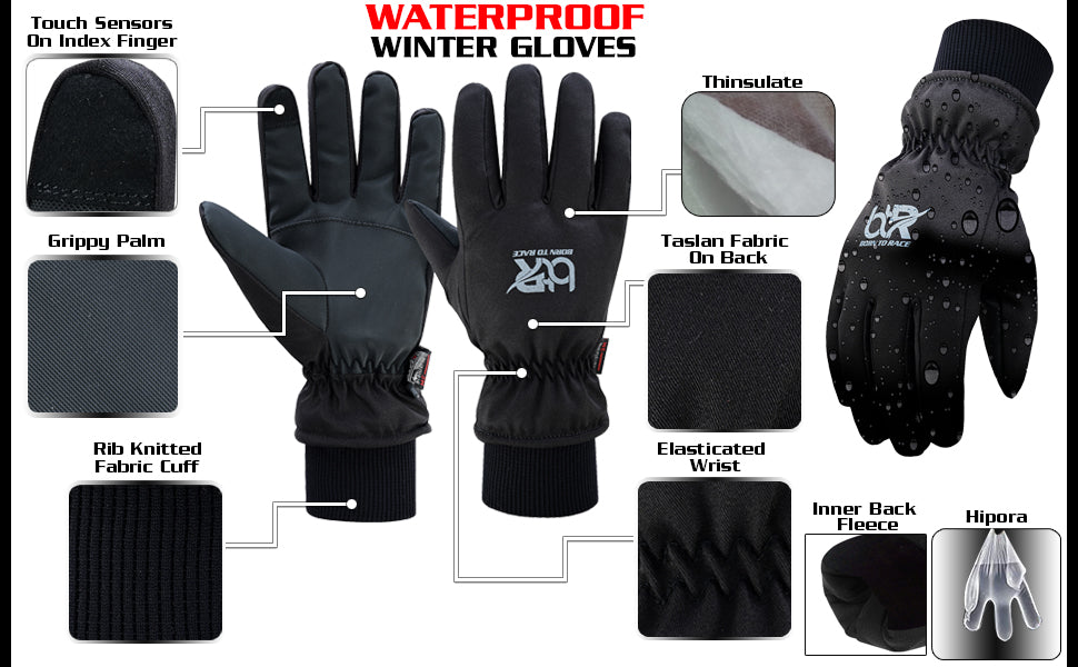 Men's & Women's Waterproof Winter Gloves - Touch Screen, Thinsulate Insulation, Windproof, Non-Slip Grippy Palm, Ideal for Cycling, Motorcycle, Hiking & Skiing | All-Weather Thermal Gloves