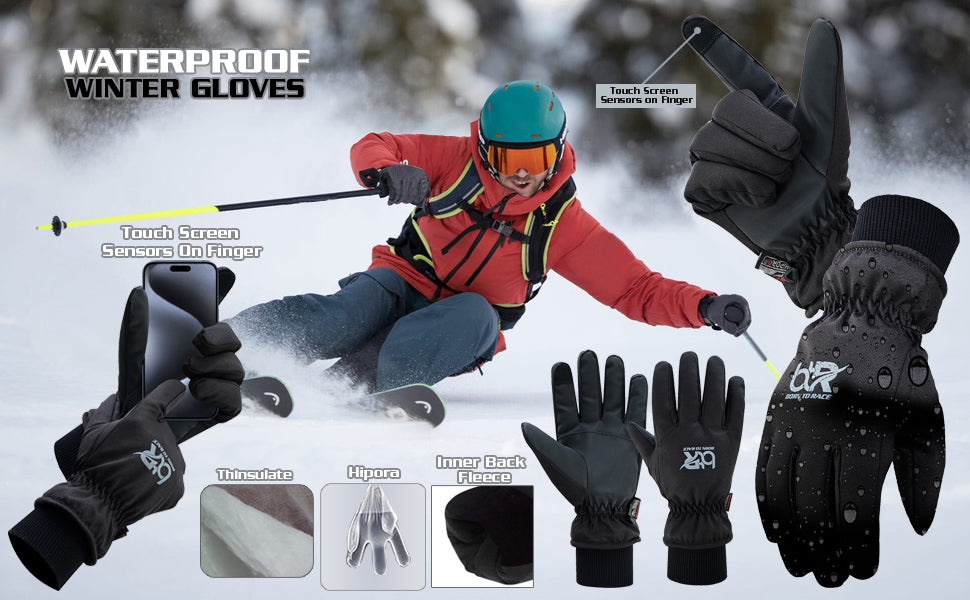 Men's & Women's Waterproof Winter Gloves - Touch Screen, Thinsulate Insulation, Windproof, Non-Slip Grippy Palm, Ideal for Cycling, Motorcycle, Hiking & Skiing | All-Weather Thermal Gloves