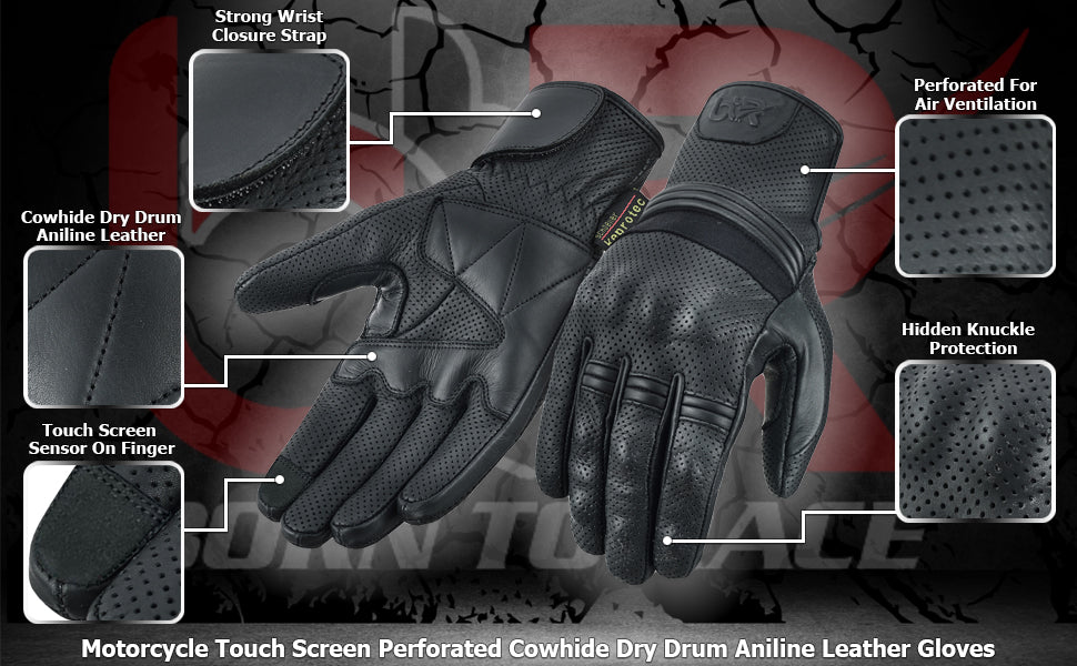 Motorcycle Gloves Touch Screen - Perforated Cowhide Leather with Knuckle Protection for Motocross, Riding, and Outdoor Sports