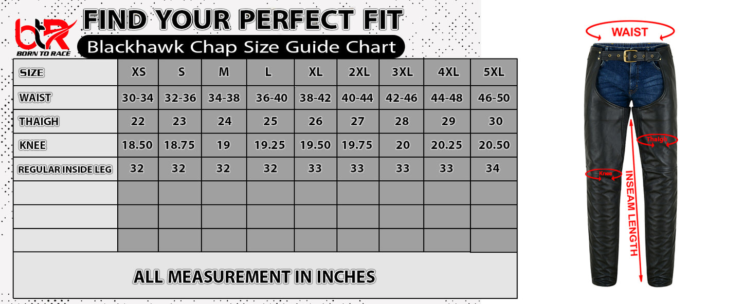 Men’s Cowhide Naked Drum Dyed Leather Motorcycle Chaps – Full Grain, Adjustable Fit, Protective and Stylish – Zipper Pockets-Black