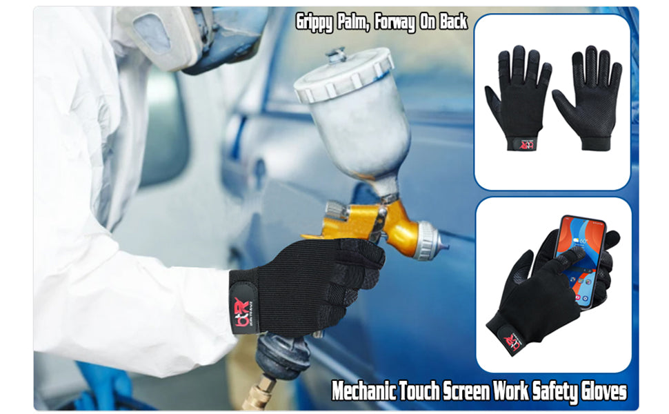 Mechanic Work Safety Touch Screen Gloves With Elastic Cuffs For Secure Fit Grippy Palm Black
