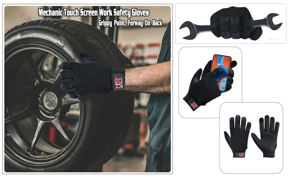 Mechanic Work Safety Touch Screen Gloves With Elastic Cuffs For Secure Fit Grippy Palm Black
