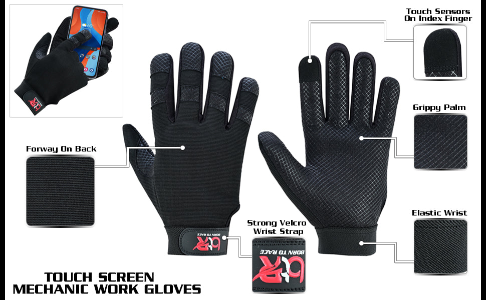 Mechanic Work Safety Touch Screen Gloves With Elastic Cuffs For Secure Fit Grippy Palm Black