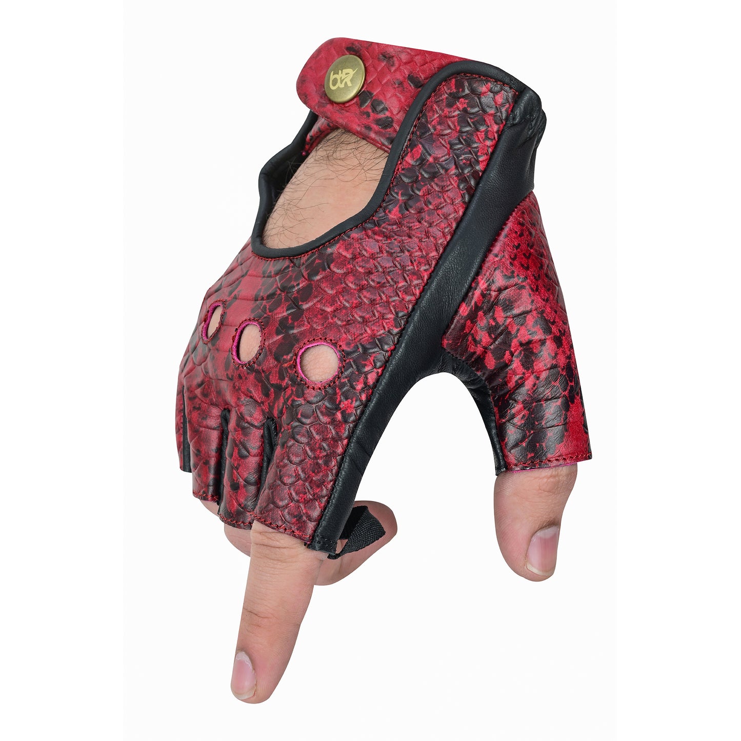 Men Python Snake Embossed Fingerless Leather Gloves