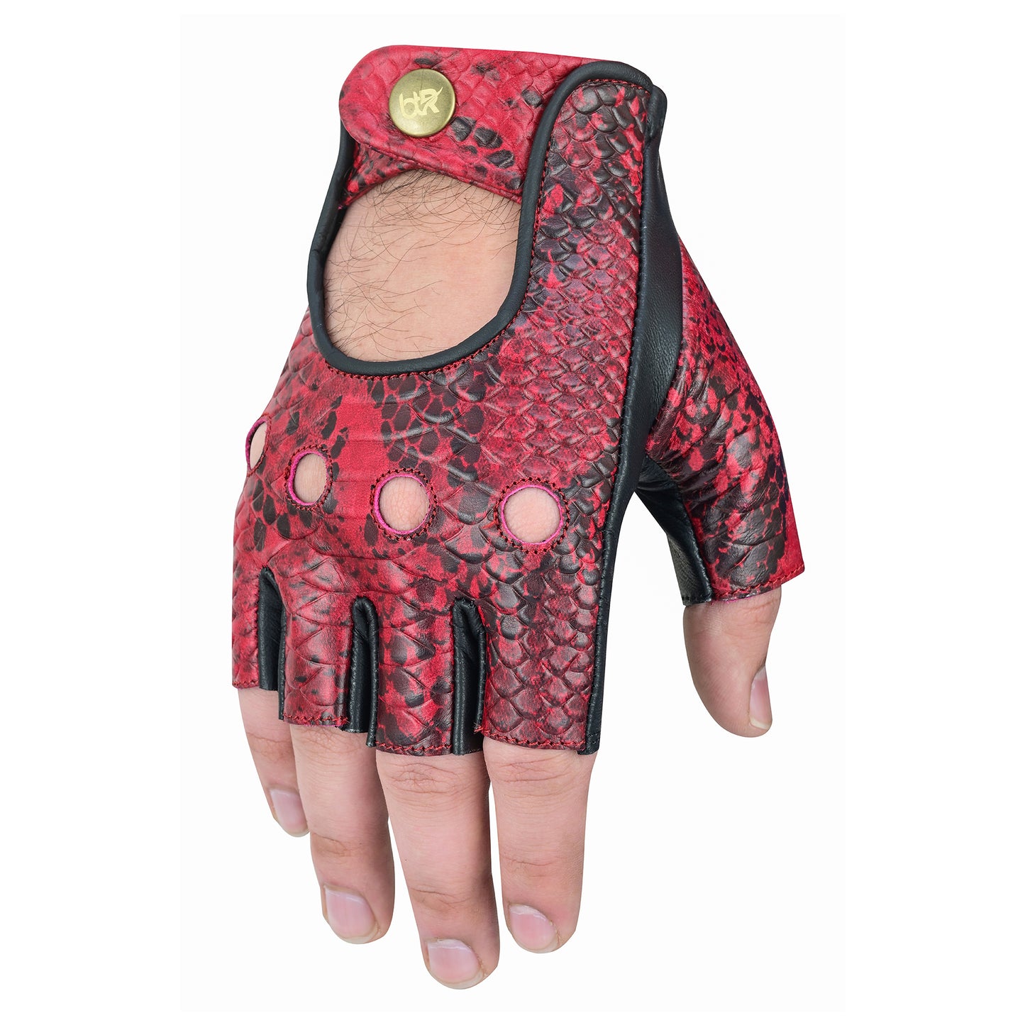 Men Python Snake Embossed Fingerless Leather Gloves