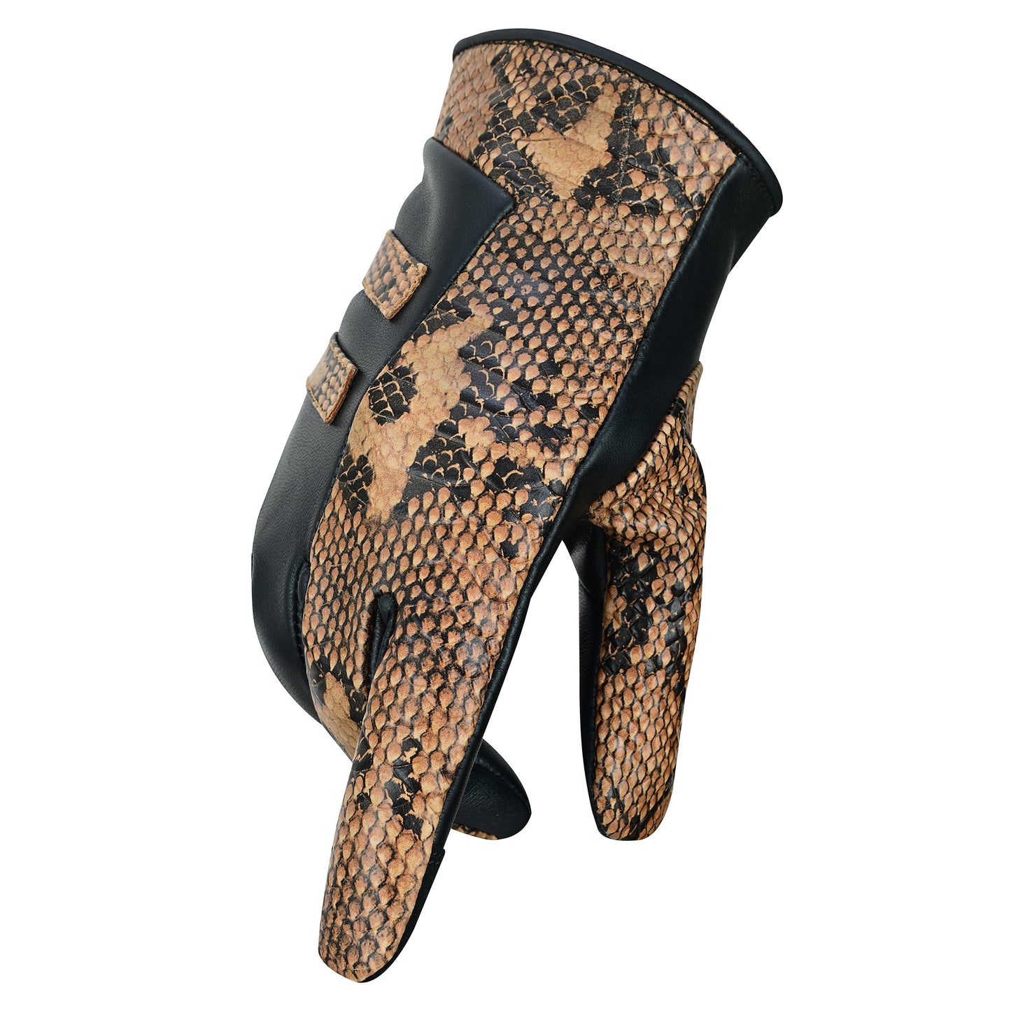 Women Python Snake Embossed Leather Dress Gloves Brown/Black