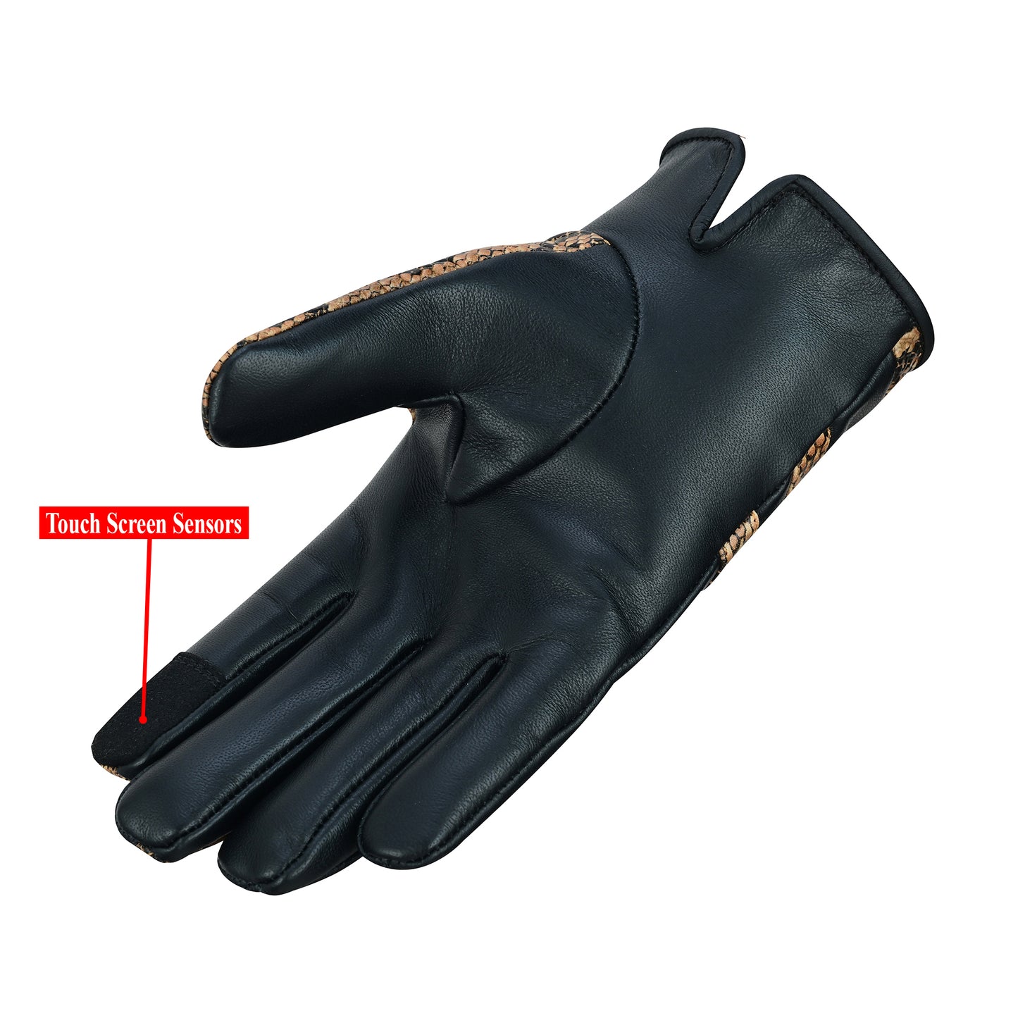 Women Python Snake Embossed Leather Dress Gloves Brown/Black
