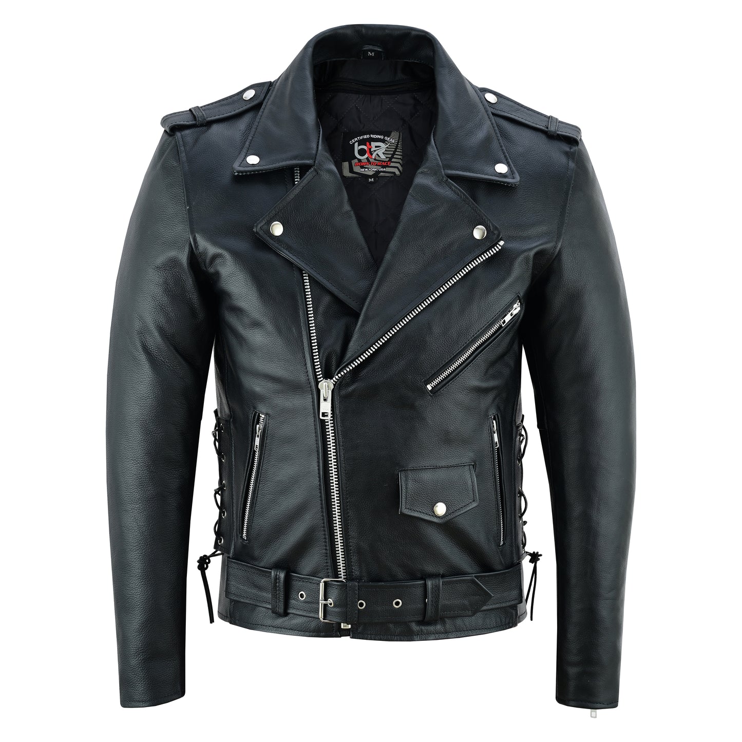 Men’s Classic Brando Motorcycle Jacket - 100% Genuine Cowhide Leather, Distressed, Side Lacing, CE Armor, Water Resistant, Vintage Style Biker Jacket for All-Weather Riding