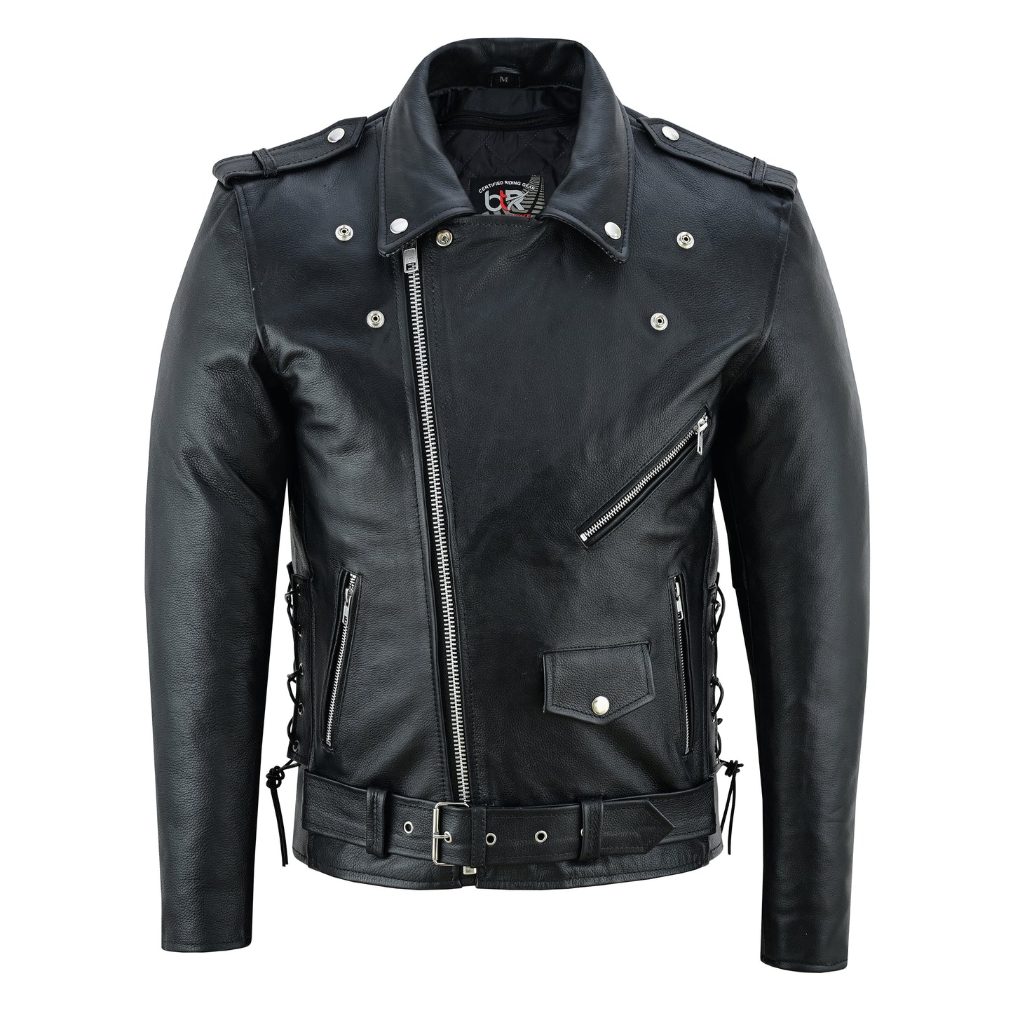 Men’s Classic Brando Motorcycle Jacket - 100% Genuine Cowhide Leather, Distressed, Side Lacing, CE Armor, Water Resistant, Vintage Style Biker Jacket for All-Weather Riding
