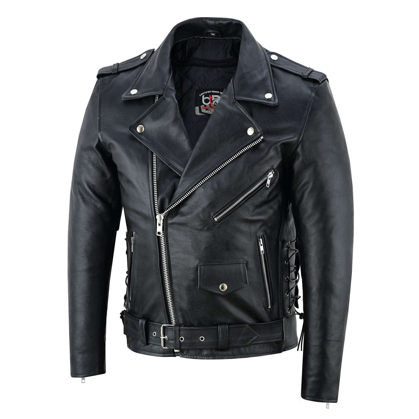 Men’s Classic Brando Motorcycle Jacket - 100% Genuine Cowhide Leather, Distressed, Side Lacing, CE Armor, Water Resistant, Vintage Style Biker Jacket for All-Weather Riding