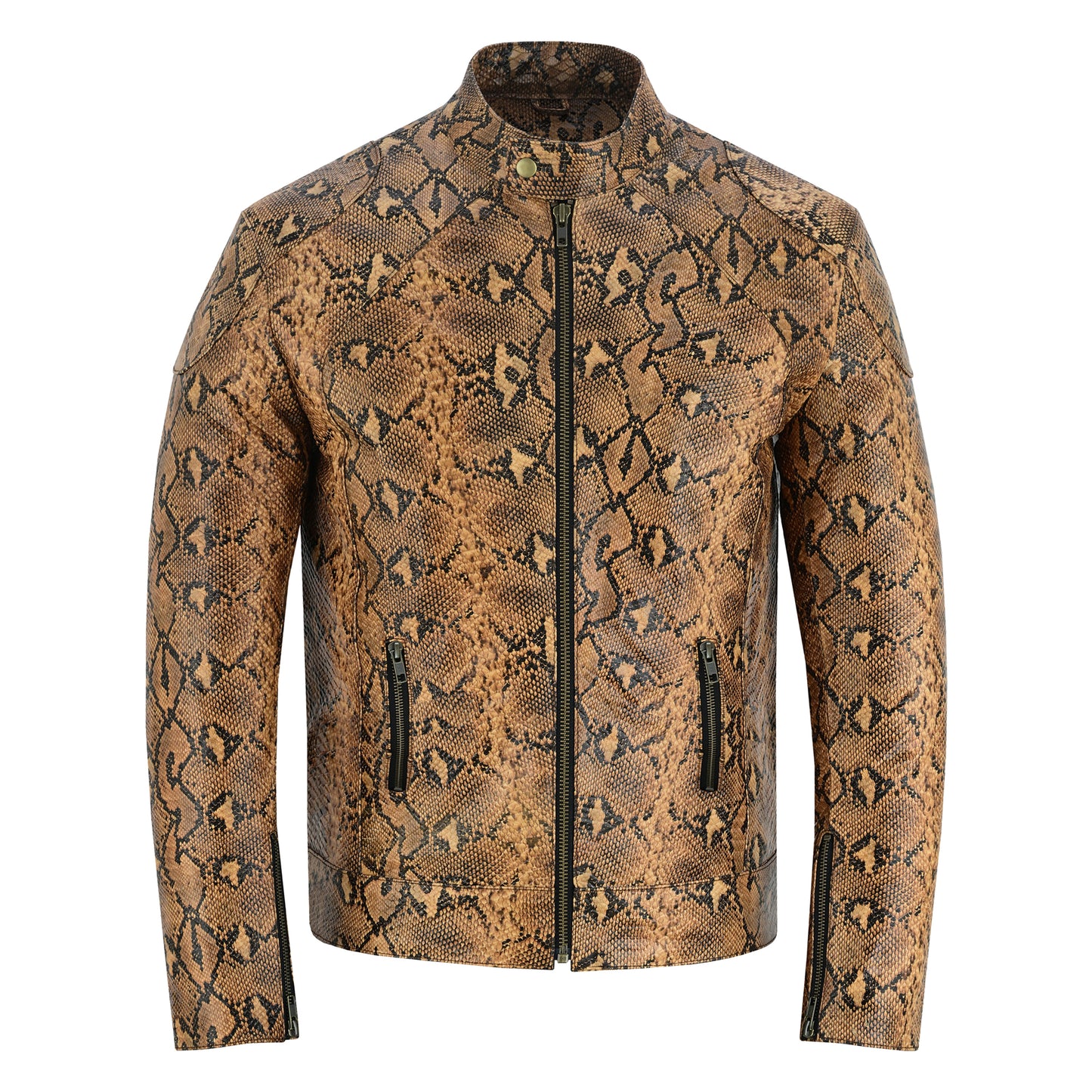 Men's Python Snake Embossed Leather Luxury Fashion Motorcycle Biker Jacket