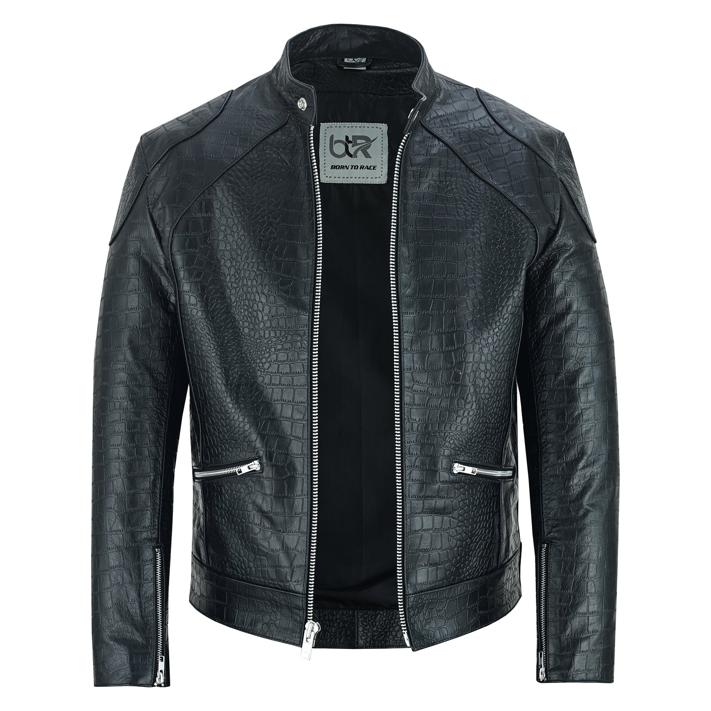 Men Crocodile Embossed Leather Luxury Fashion Motorcycle Biker Jacket Black