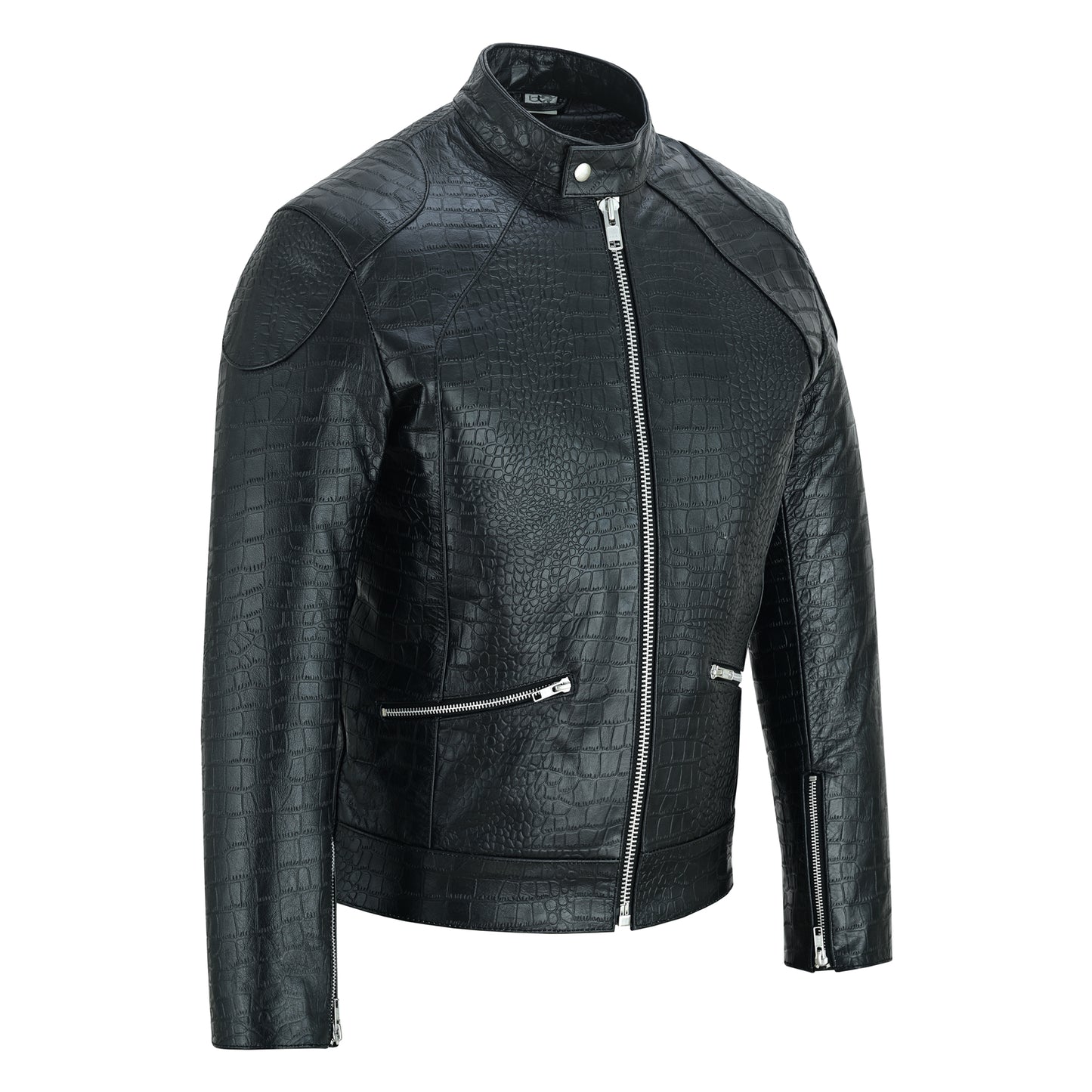 Men Crocodile Embossed Leather Luxury Fashion Motorcycle Biker Jacket Black