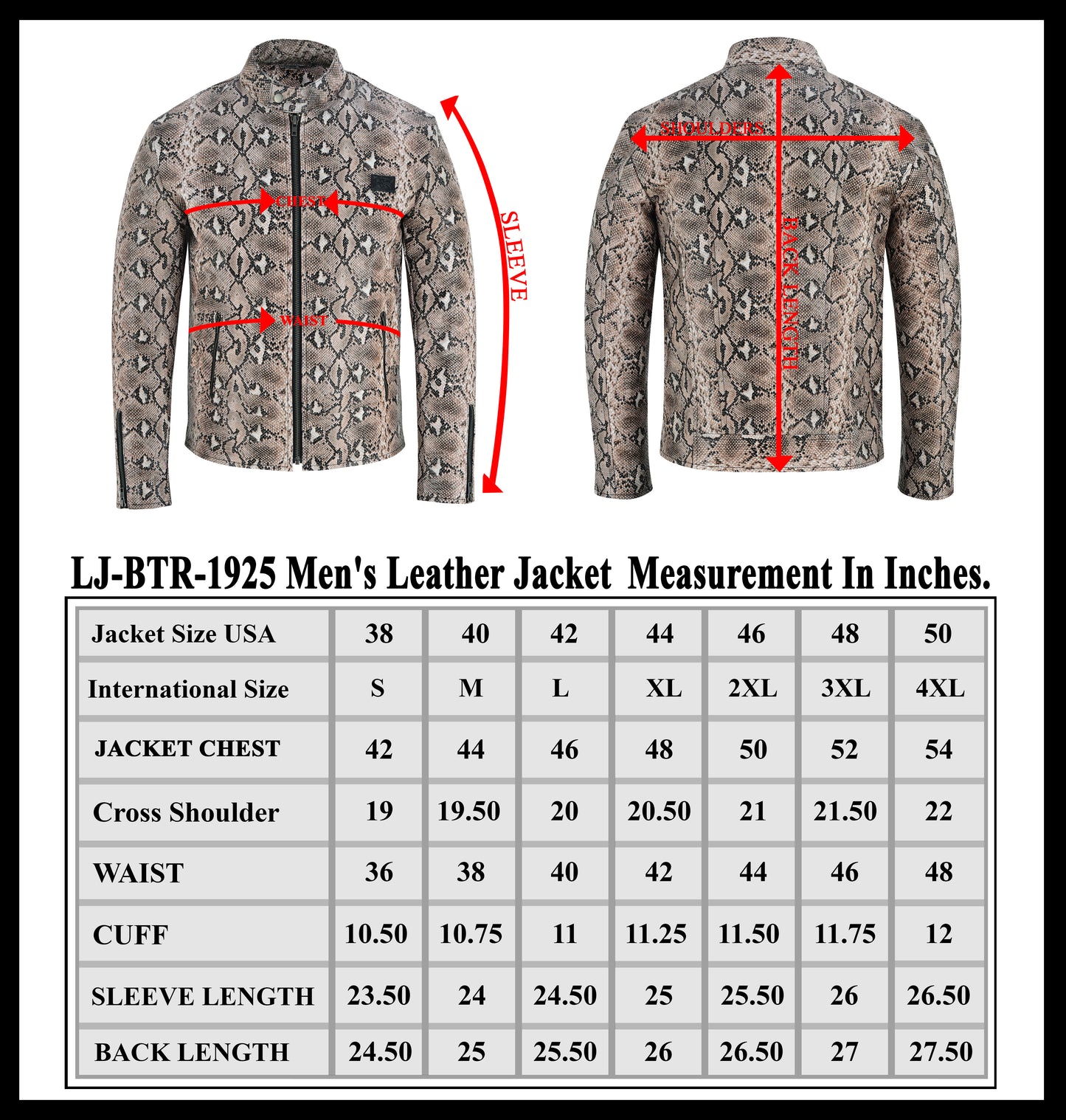 Men's Python Snake Embossed Leather Luxury Fashion Motorcycle Biker Jacket
