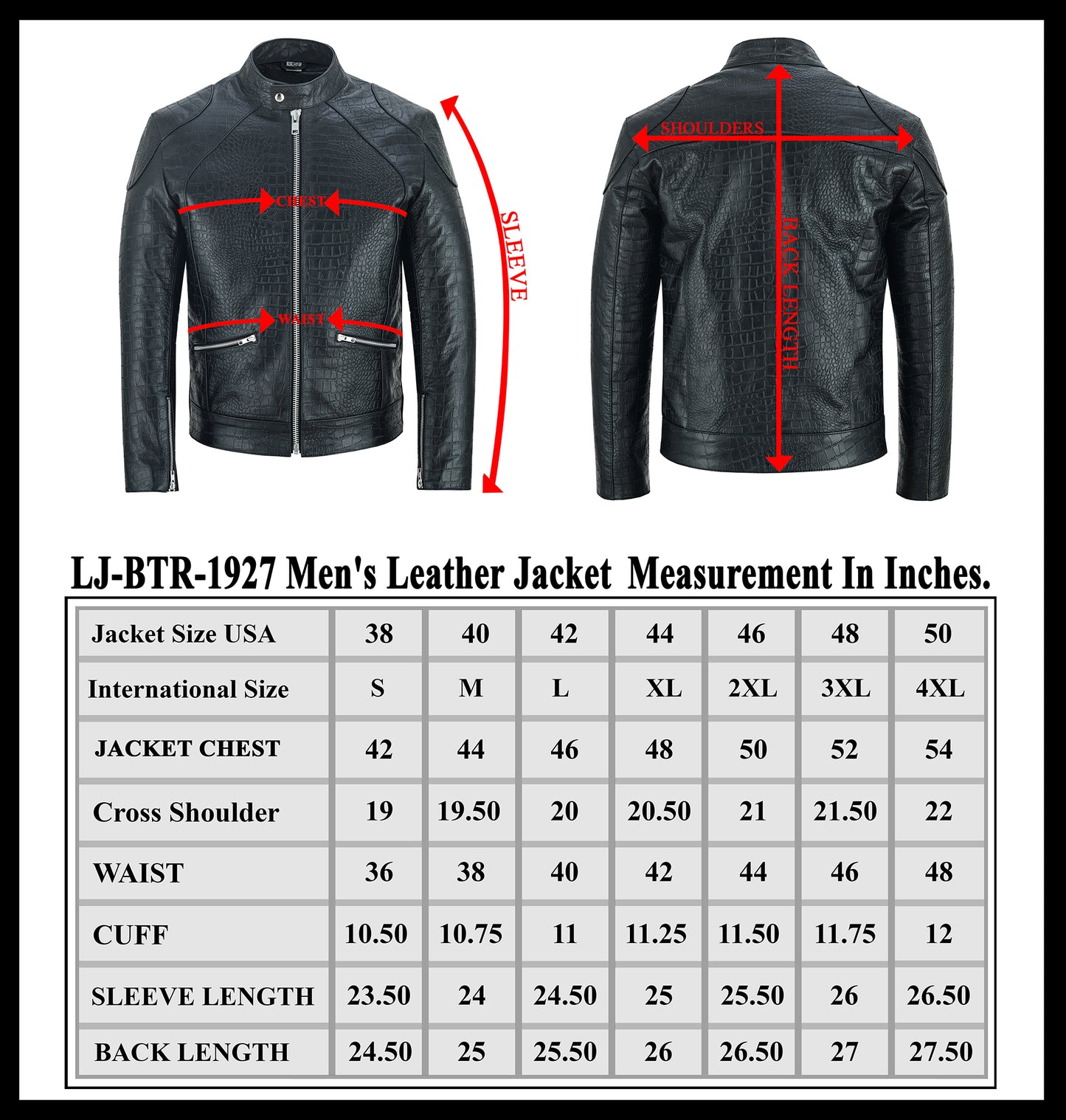 Men Crocodile Embossed Leather Luxury Fashion Motorcycle Biker Jacket Black