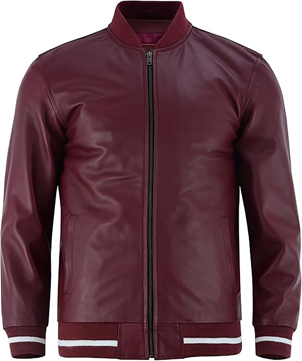 Men’s Lambskin Leather Jacket Collar Zip Up Rib Knit Casual Wear Fashion Jacket