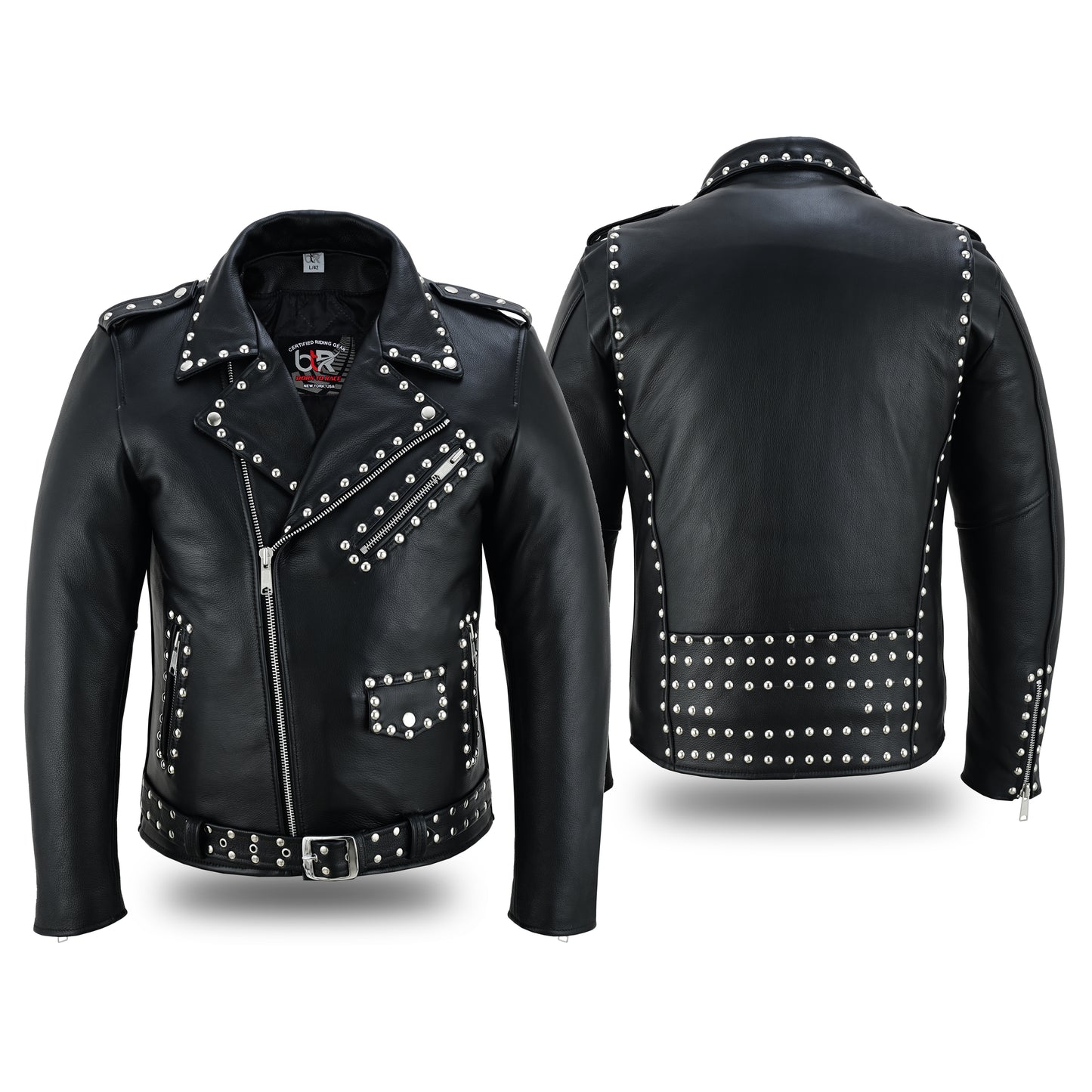 Men’s Leather Motorcycle Jacket – Steel Stud Classic Brando Biker Jacket | Heavy-Duty Cowhide, CE Armor Pockets, Asymmetrical Zipper, and Belted Waist Black Spiked Silver Color Studs Biker Jacket-New