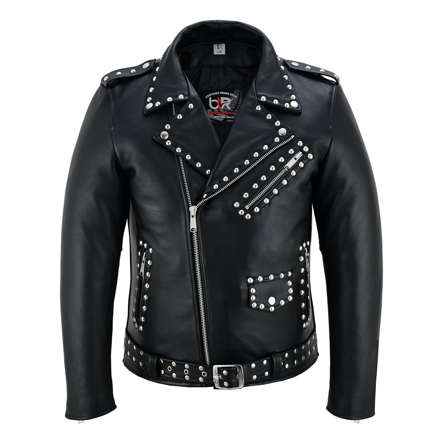Men’s Leather Motorcycle Jacket – Steel Stud Classic Brando Biker Jacket | Heavy-Duty Cowhide, CE Armor Pockets, Asymmetrical Zipper, and Belted Waist Black Spiked Silver Color Studs Biker Jacket-New