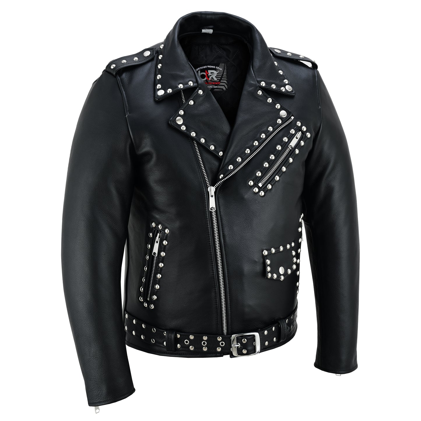 Men’s Leather Motorcycle Jacket – Steel Stud Classic Brando Biker Jacket | Heavy-Duty Cowhide, CE Armor Pockets, Asymmetrical Zipper, and Belted Waist Black Spiked Silver Color Studs Biker Jacket-New