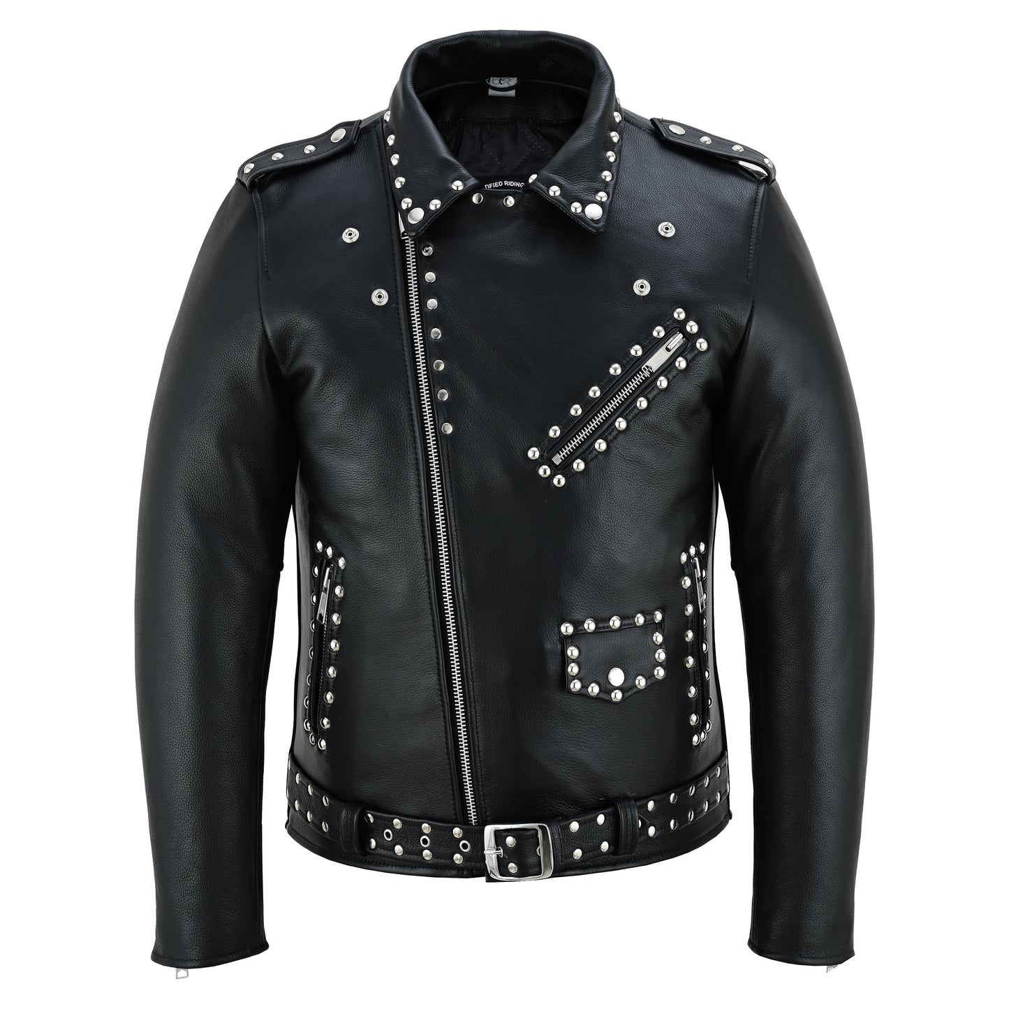 Men’s Leather Motorcycle Jacket – Steel Stud Classic Brando Biker Jacket | Heavy-Duty Cowhide, CE Armor Pockets, Asymmetrical Zipper, and Belted Waist Black Spiked Silver Color Studs Biker Jacket-New