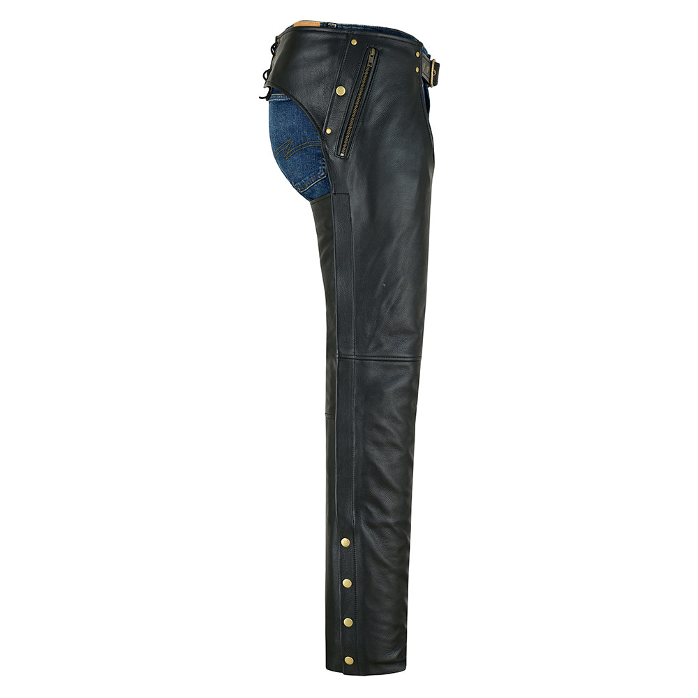 Men’s Cowhide Naked Drum Dyed Leather Motorcycle Chaps – Full Grain, Adjustable Fit, Protective and Stylish – Zipper Pockets-Black