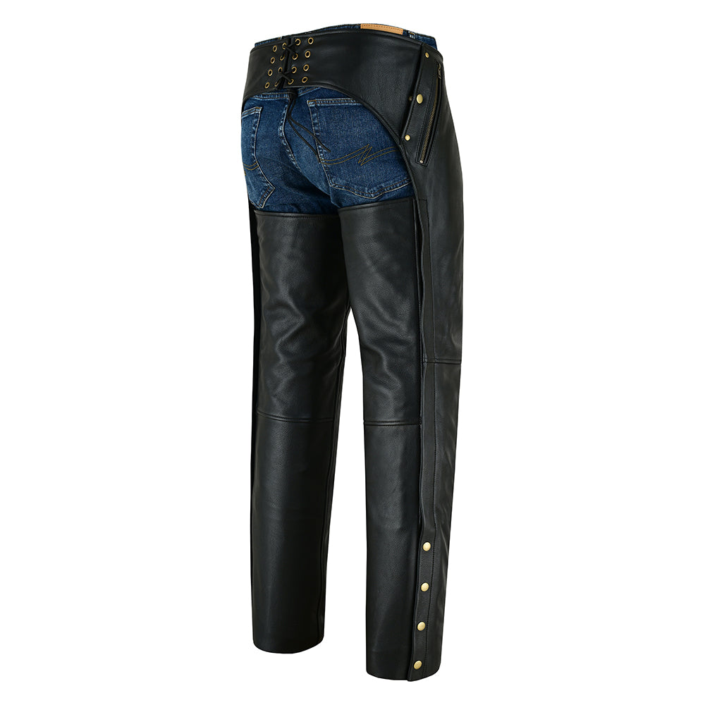 Men’s Cowhide Naked Drum Dyed Leather Motorcycle Chaps – Full Grain, Adjustable Fit, Protective and Stylish – Zipper Pockets-Black