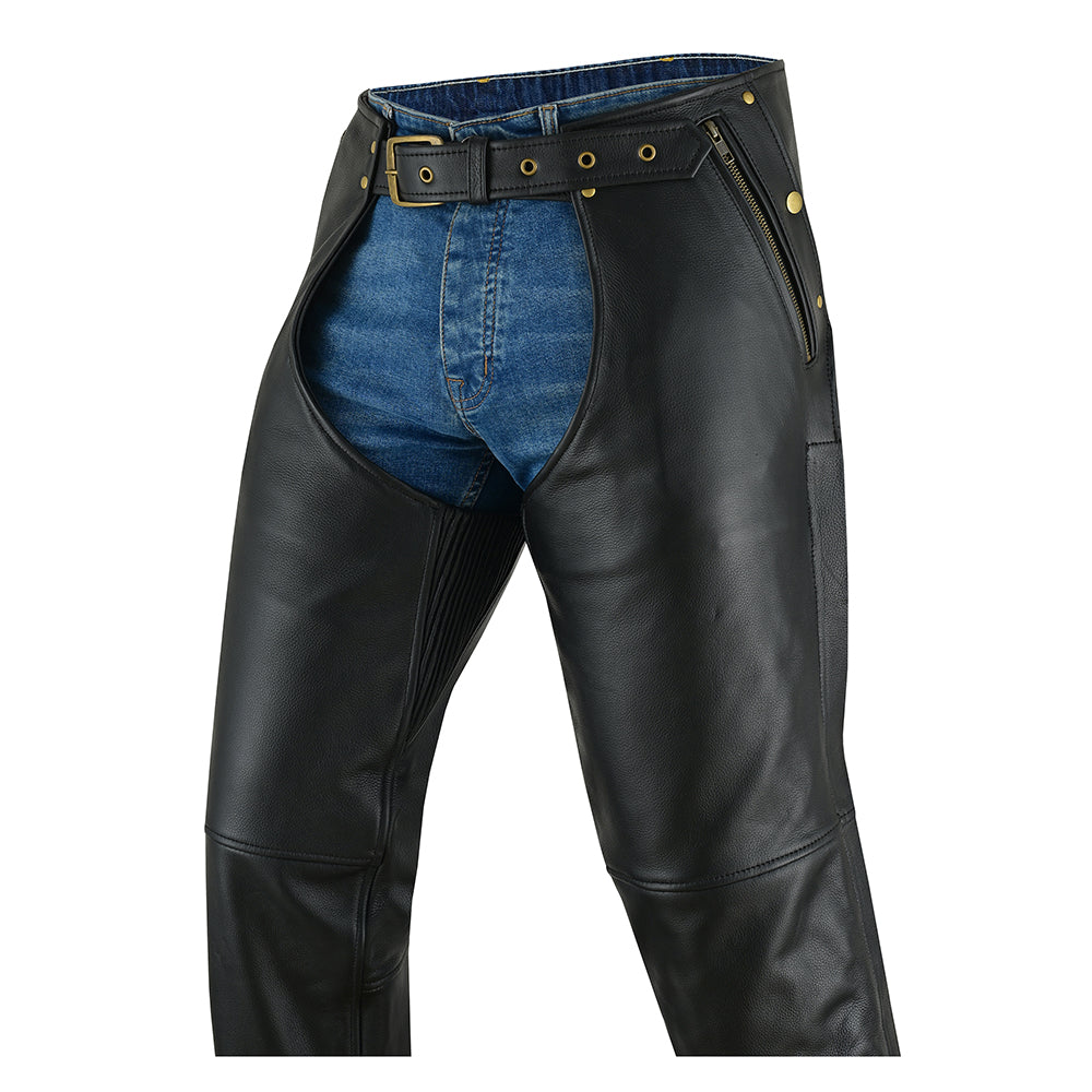 Men’s Cowhide Naked Drum Dyed Leather Motorcycle Chaps – Full Grain, Adjustable Fit, Protective and Stylish – Zipper Pockets-Black