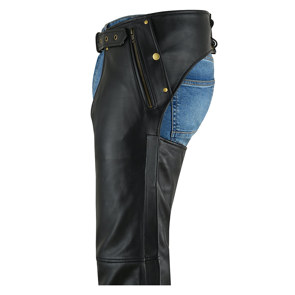 Men’s Cowhide Naked Drum Dyed Leather Motorcycle Chaps – Full Grain, Adjustable Fit, Protective and Stylish – Zipper Pockets-Black