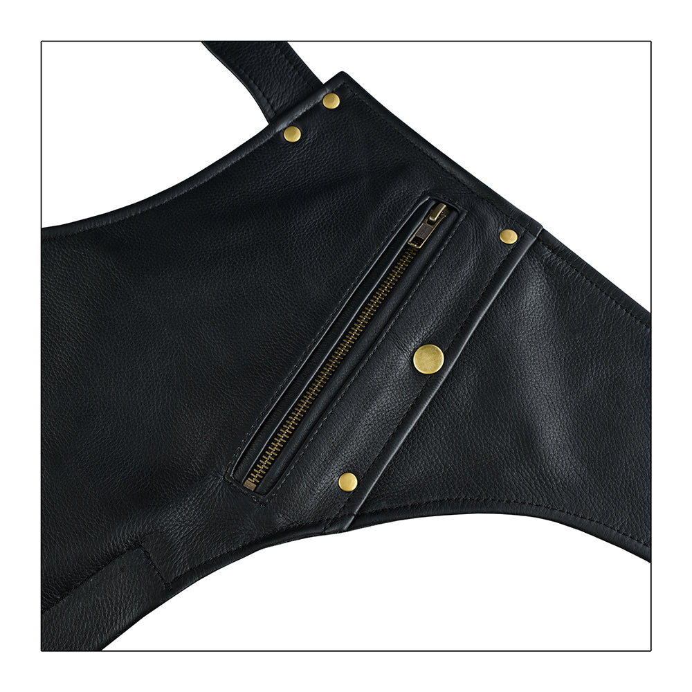 Men’s Cowhide Naked Drum Dyed Leather Motorcycle Chaps – Full Grain, Adjustable Fit, Protective and Stylish – Zipper Pockets-Black