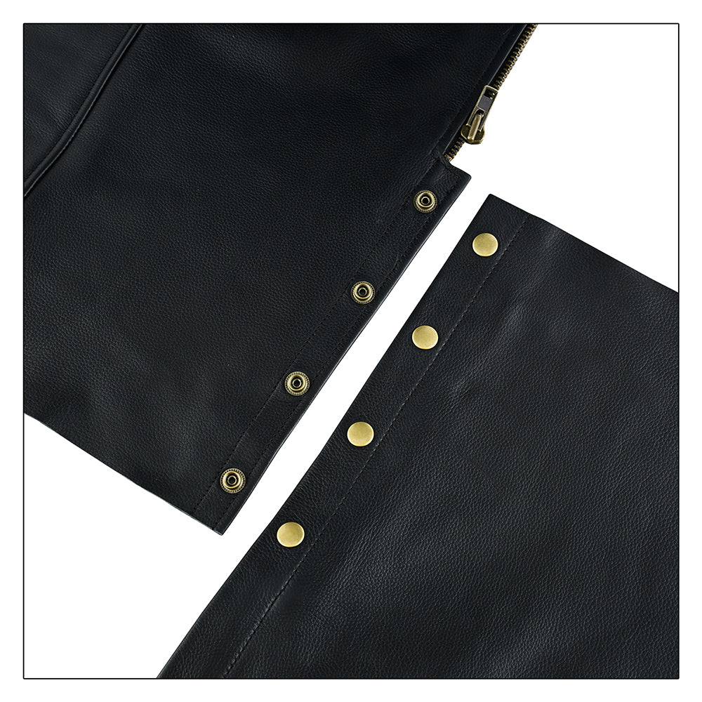 Men’s Cowhide Naked Drum Dyed Leather Motorcycle Chaps – Full Grain, Adjustable Fit, Protective and Stylish – Zipper Pockets-Black