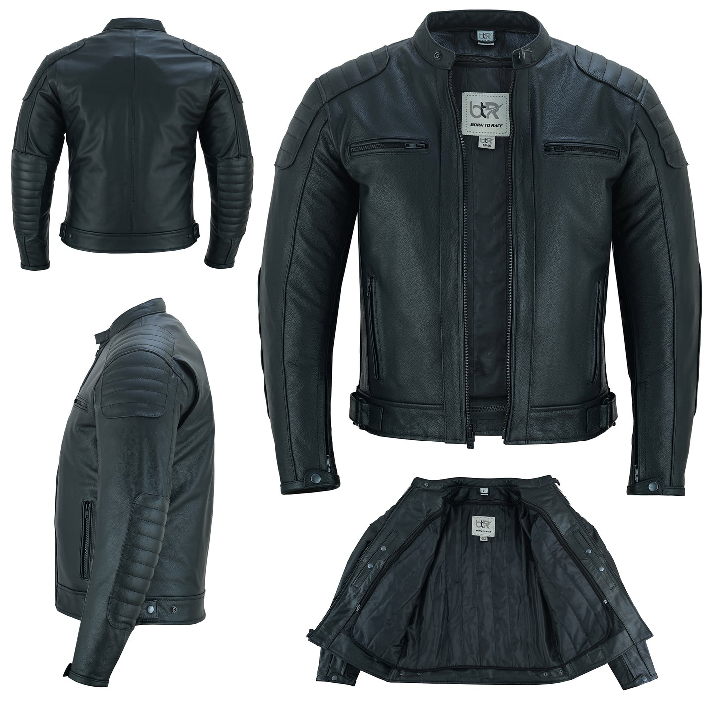 Men Motorbike Cowhide Leather Jacket CE Approved Protection Black