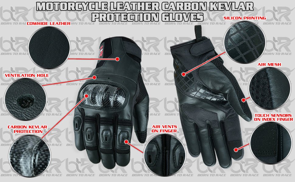 Motorcycle Gloves with Carbon Kevlar Protection - Cowhide Leather, Air Vents, Anti-Slip Palm, and Adjustable Cuff - Ideal for Motocross and Motorbike Riding Gloves