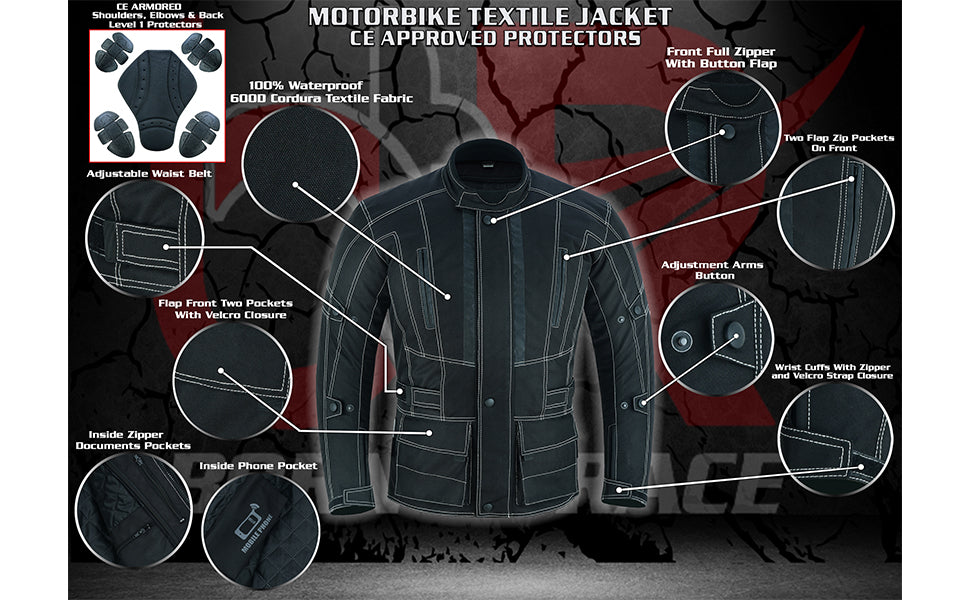 Men's Motorcycle Cordura Jacket – All-Weather 600D Textile with CE-Approved Armor, Waterproof, Windproof, and Thermal Lining, 3/4-Length Adventure Riding Jacket