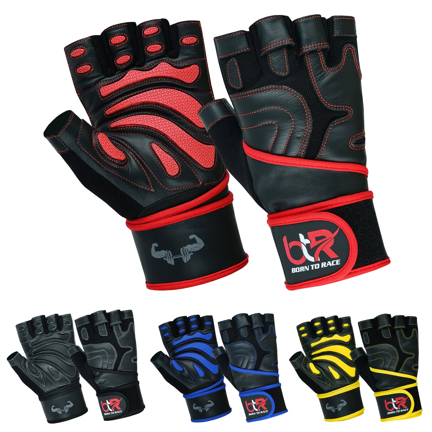 Premium Cowhide Leather Weight Lifting Gloves - Fingerless, Padded, Long Wrist Support, Gym Workout, Powerlifting, Bodybuilding, Fitness, Unisex Design for Men & Women