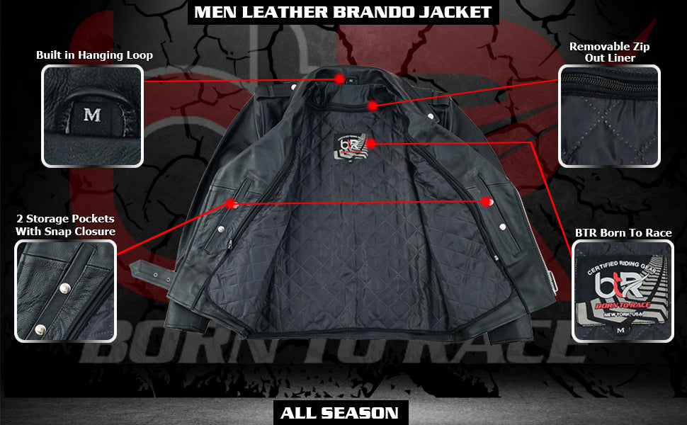 Men’s Classic Brando Motorcycle Jacket - 100% Genuine Cowhide Leather, Distressed, Side Lacing, CE Armor, Water Resistant, Vintage Style Biker Jacket for All-Weather Riding