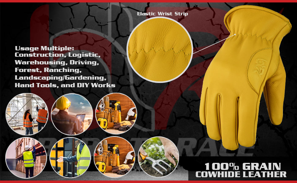 Work Gloves Cowhide Leather, Construction,Hand Tools, Driving,Forest Gardening Heavy Duty Work Safety Gloves
