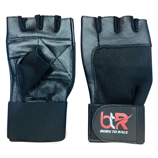 Weight Lifting Genuine Cowhide Leather Long Wrist Wrap Gloves Black