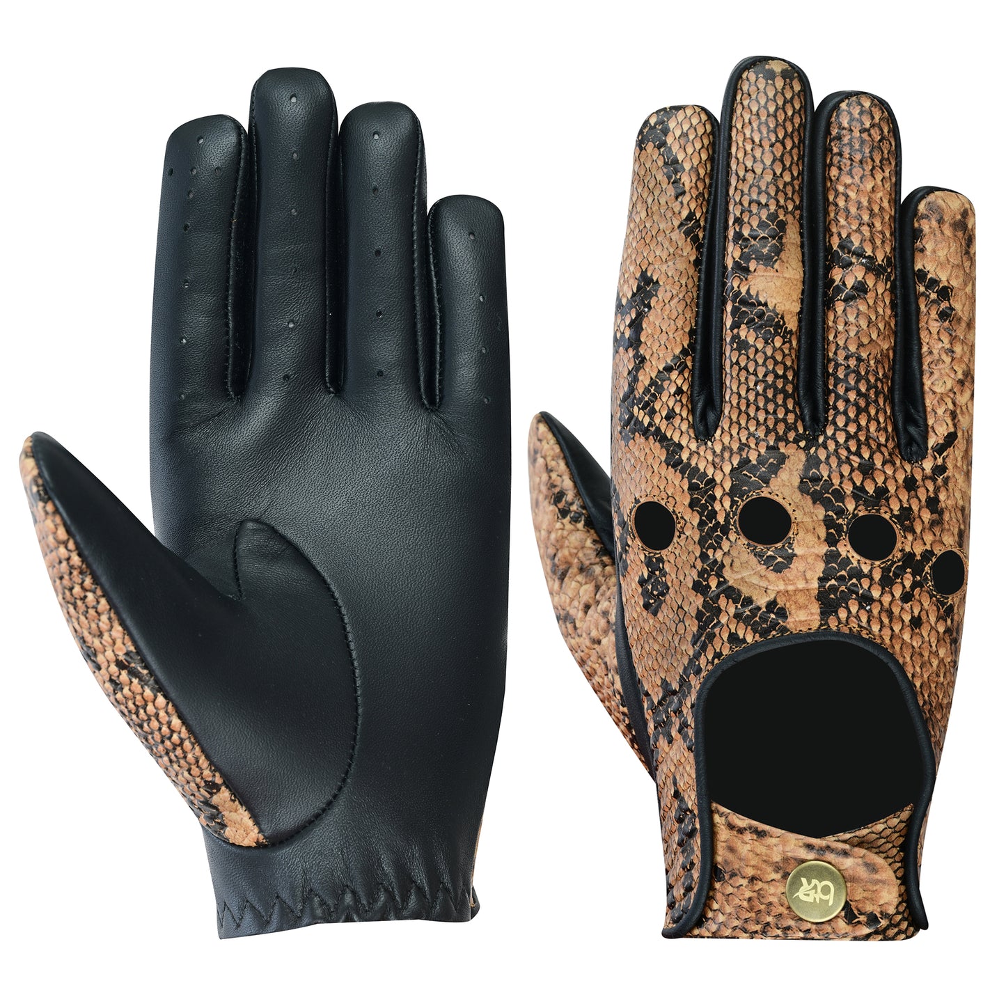 Luxury Python Snake Embossed Leather Driving Gloves - Premium Half Finger Biker Gloves for Motorcycle Riding, Car Driving, and Outdoor Sports - Sheepskin Palm, Cowhide Back, Adjustable Fit