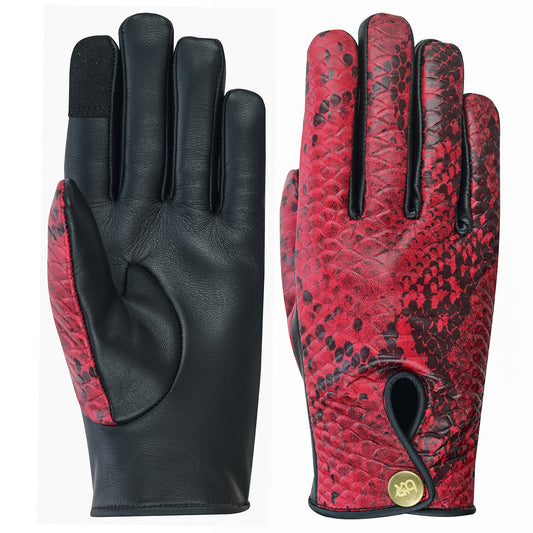 Women Python Snake Embossed Leather Dress Gloves Burgundy/Black