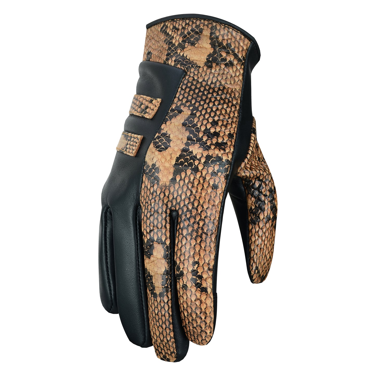 Women Python Snake Embossed Leather Dress Gloves Brown/Black
