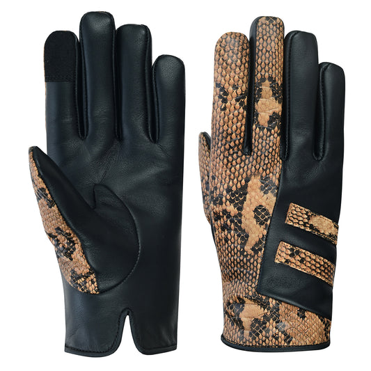 Women Python Snake Embossed Leather Dress Gloves Brown/Black