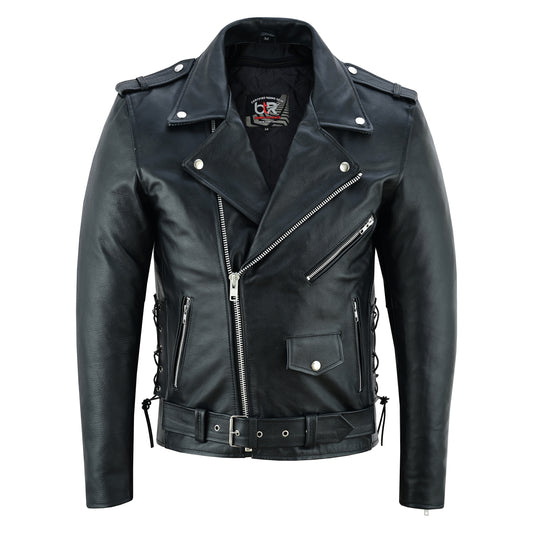 Men’s Classic Brando Motorcycle Jacket - 100% Genuine Cowhide Leather, Distressed, Side Lacing, CE Armor, Water Resistant, Vintage Style Biker Jacket for All-Weather Riding