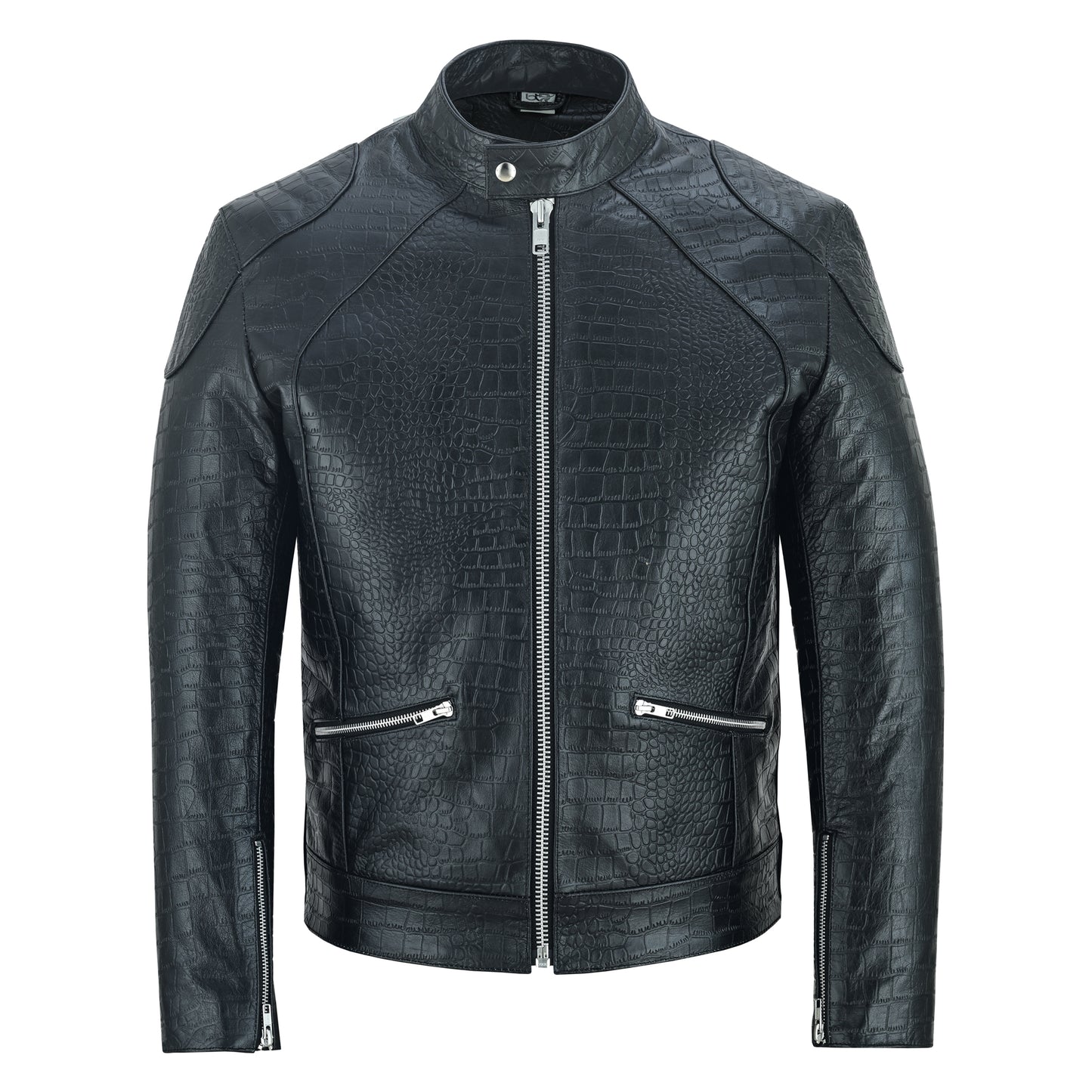 Men Crocodile Embossed Leather Luxury Fashion Motorcycle Biker Jacket Black
