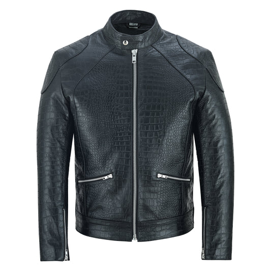 Men Crocodile Embossed Leather Luxury Fashion Motorcycle Biker Jacket Black