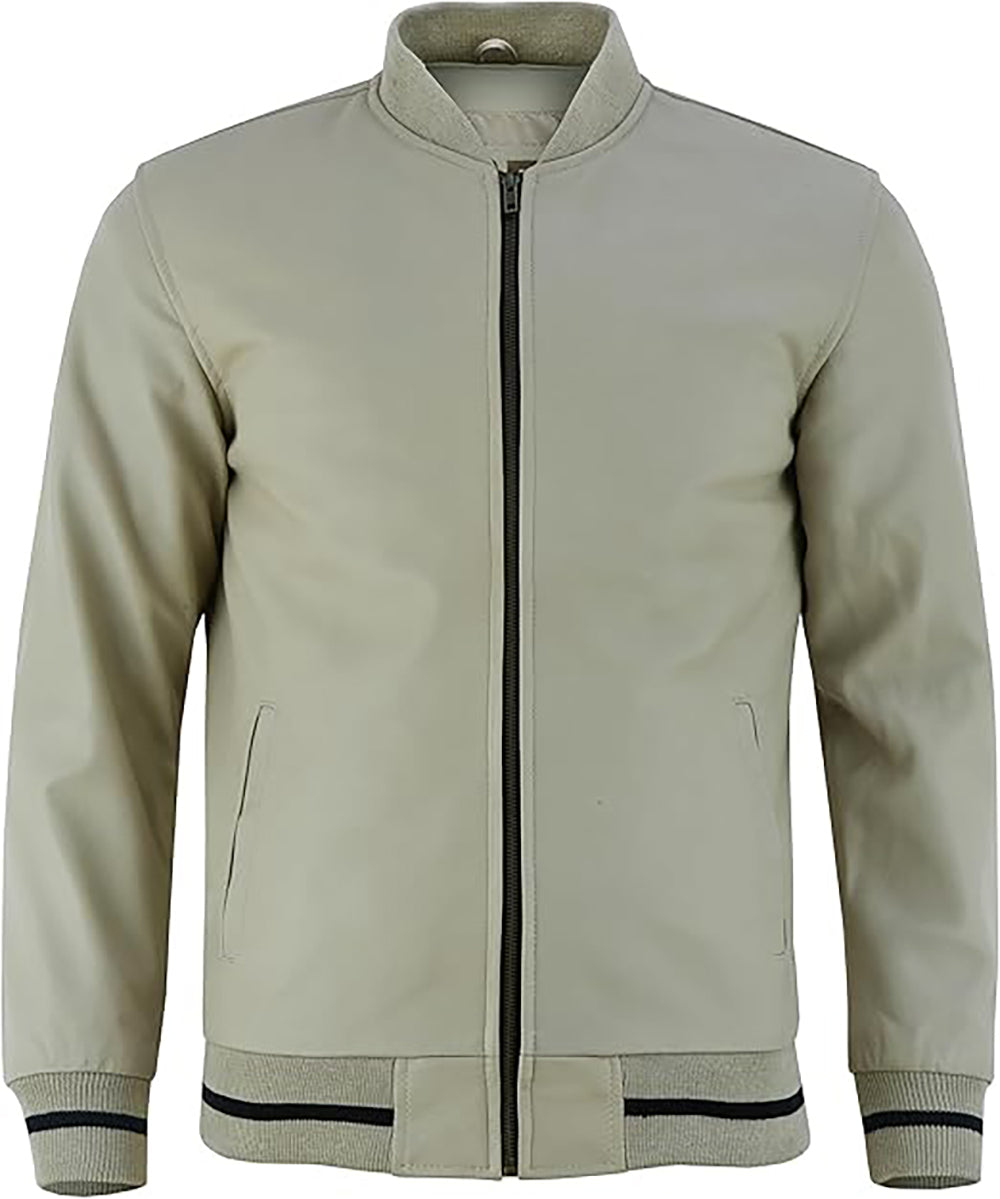 Men’s Lambskin Leather Jacket Collar Zip Up Rib Knit Casual Wear Fashion Jacket