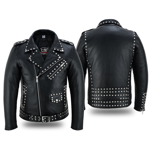 Men’s Leather Motorcycle Jacket – Steel Stud Classic Brando Biker Jacket | Heavy-Duty Cowhide, CE Armor Pockets, Asymmetrical Zipper, and Belted Waist Black Spiked Silver Color Studs Biker Jacket-New
