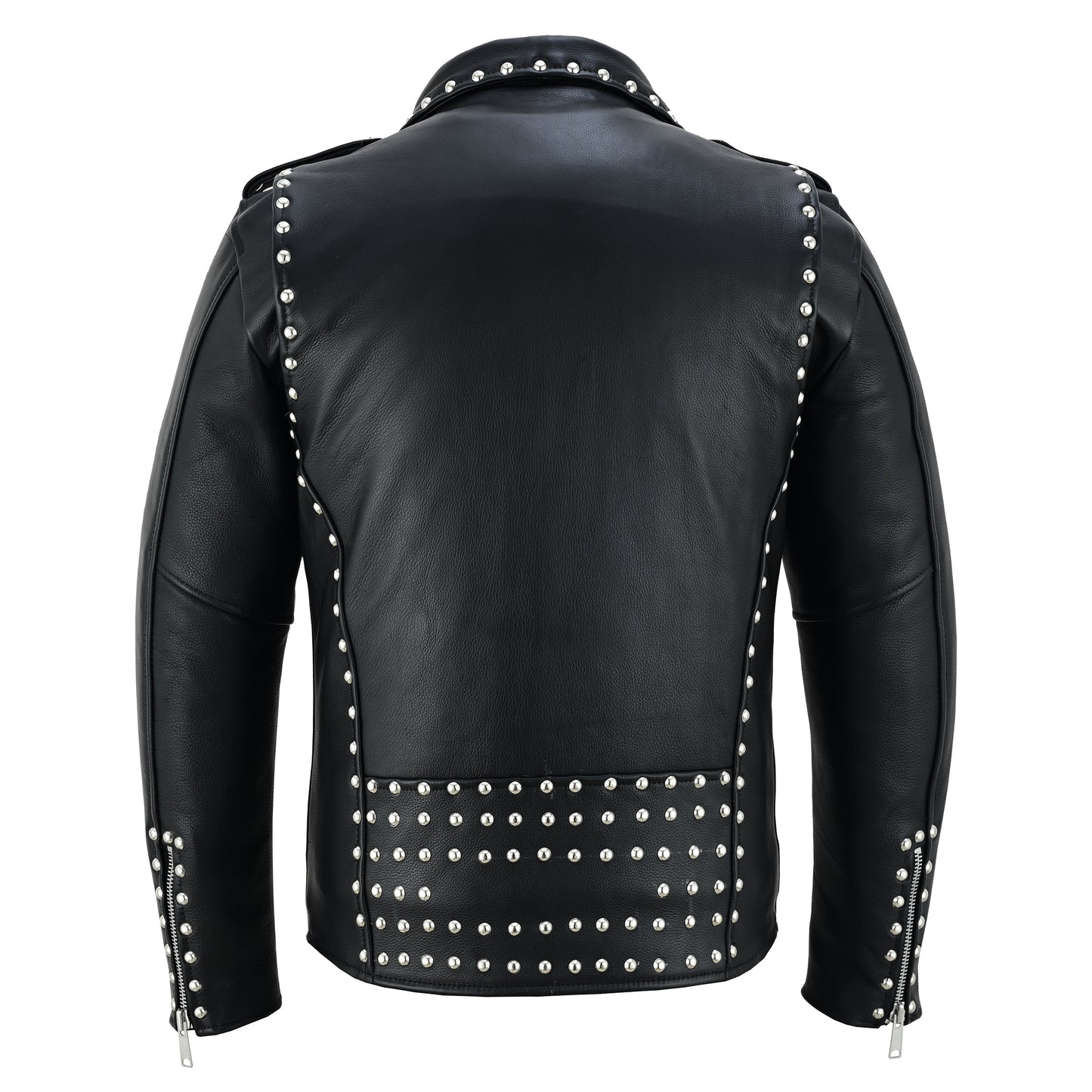Men’s Leather Motorcycle Jacket – Steel Stud Classic Brando Biker Jacket | Heavy-Duty Cowhide, CE Armor Pockets, Asymmetrical Zipper, and Belted Waist Black Spiked Silver Color Studs Biker Jacket-New