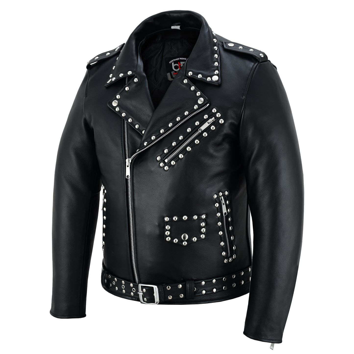 Men’s Leather Motorcycle Jacket – Steel Stud Classic Brando Biker Jacket | Heavy-Duty Cowhide, CE Armor Pockets, Asymmetrical Zipper, and Belted Waist Black Spiked Silver Color Studs Biker Jacket-New