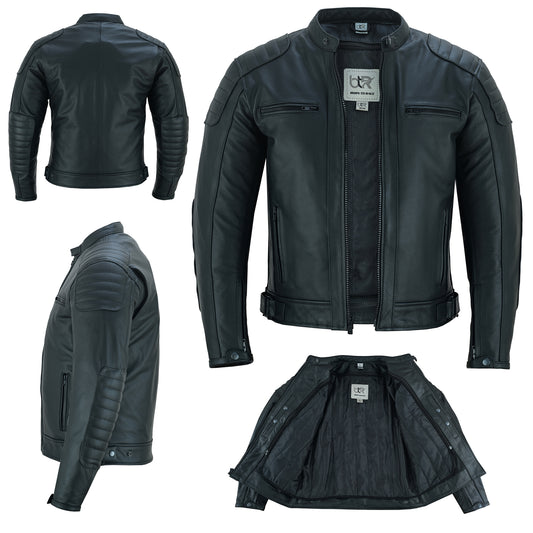 Men Motorbike Cowhide Leather Jacket CE Approved Protection Black